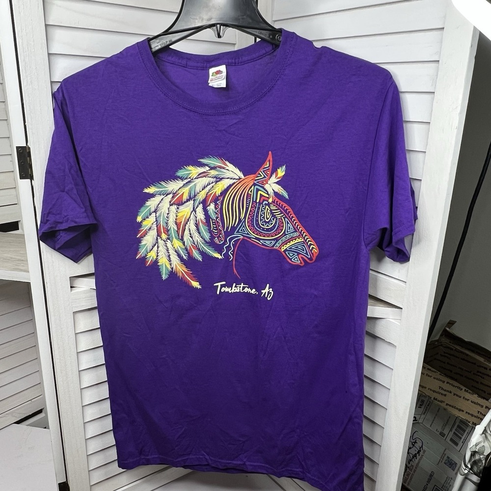 Tombstone AZ Horse Feather Graphic Tee Purple Fruit of the Loom Women's M‎ Shirt